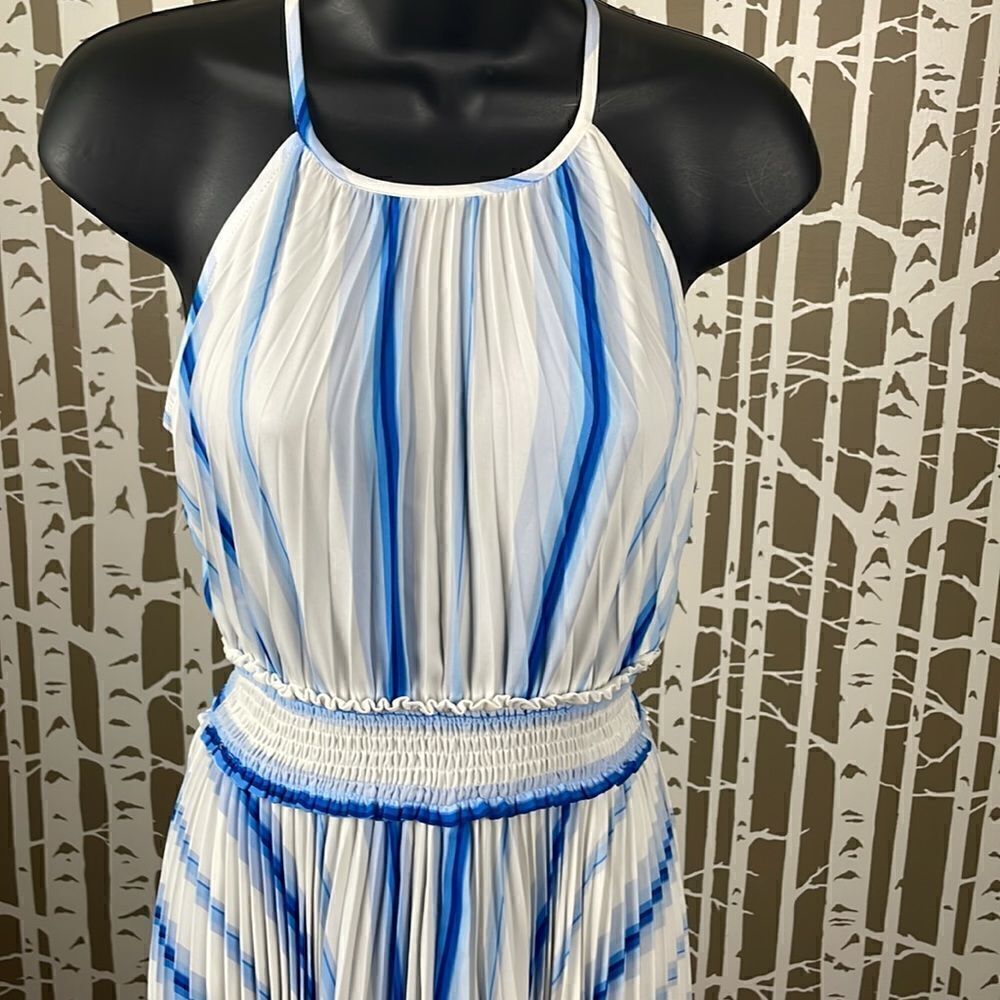Nine West blue white accordion pleated shark bite hem high neck midi dress NEW - Picture 2 of 16